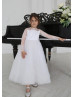 Long Sleeve White Lace Tulle Buttons Back Flower Girl Dress